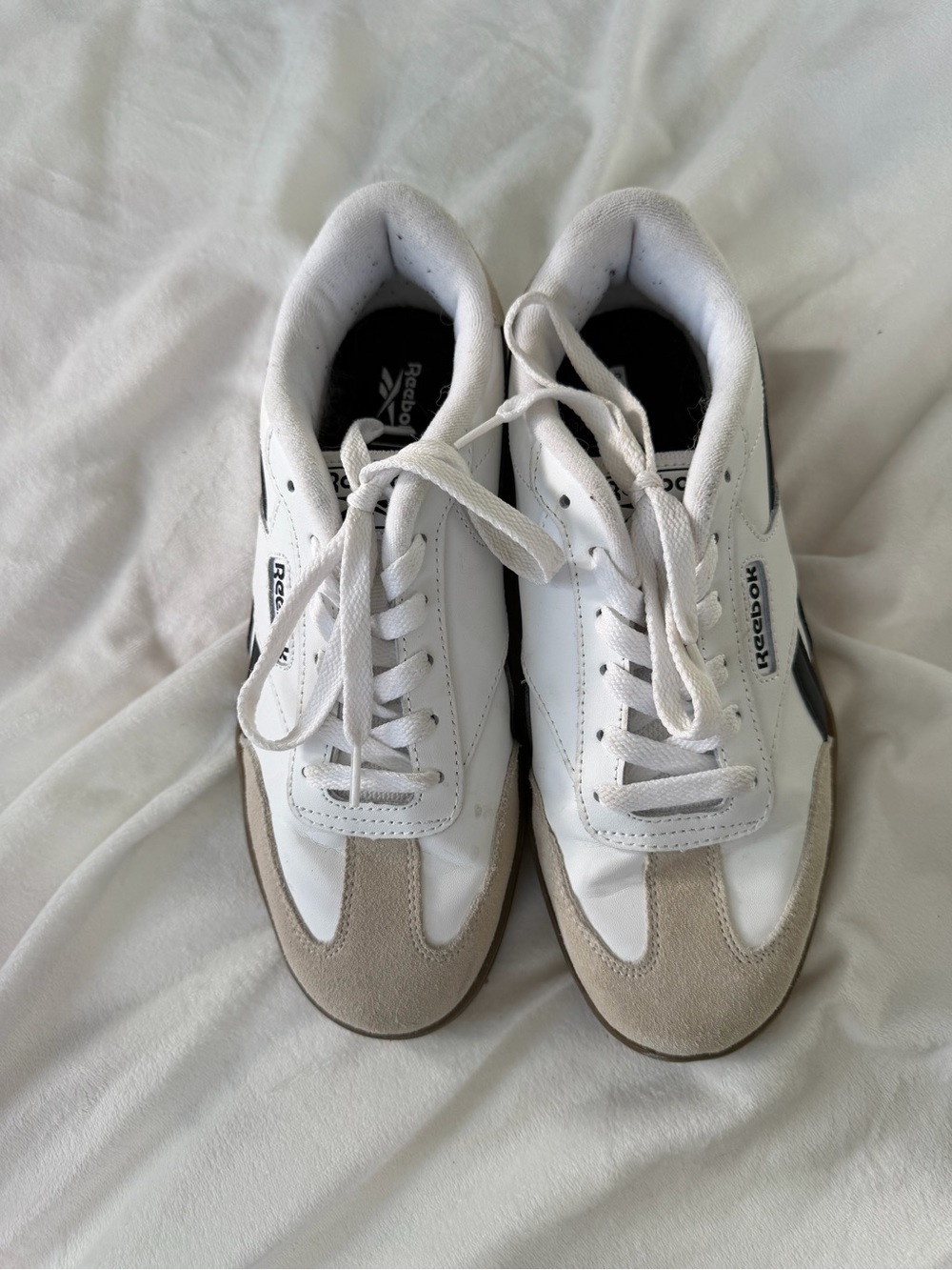 Reebok Women’s White Sneakers with Gray Suede Toe